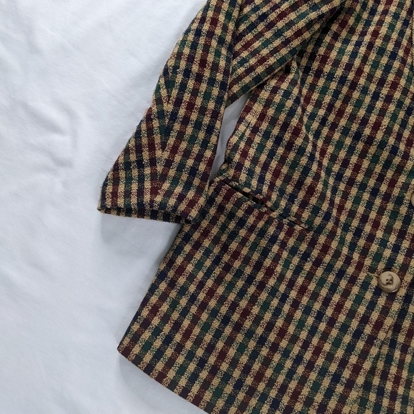 VTG Wool Plaid Tan Green Button Front Blazer Lined Academia Revival 90s - Picture 2 of 7